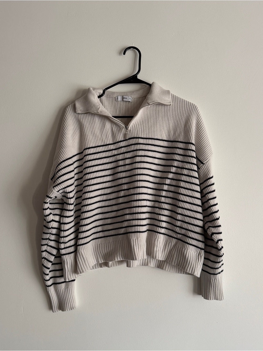 MANGO Striped Sweater with Zip - White with Black Stripes - Size M
